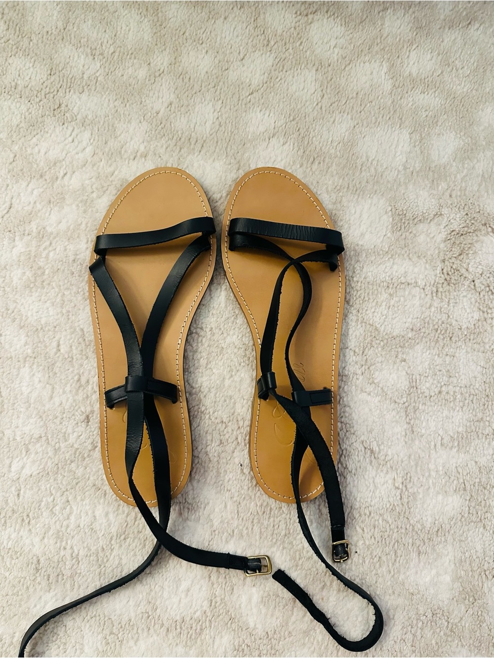 J. Crew Black Strappy Leather Lace-Up Sandals with Tan Footbed